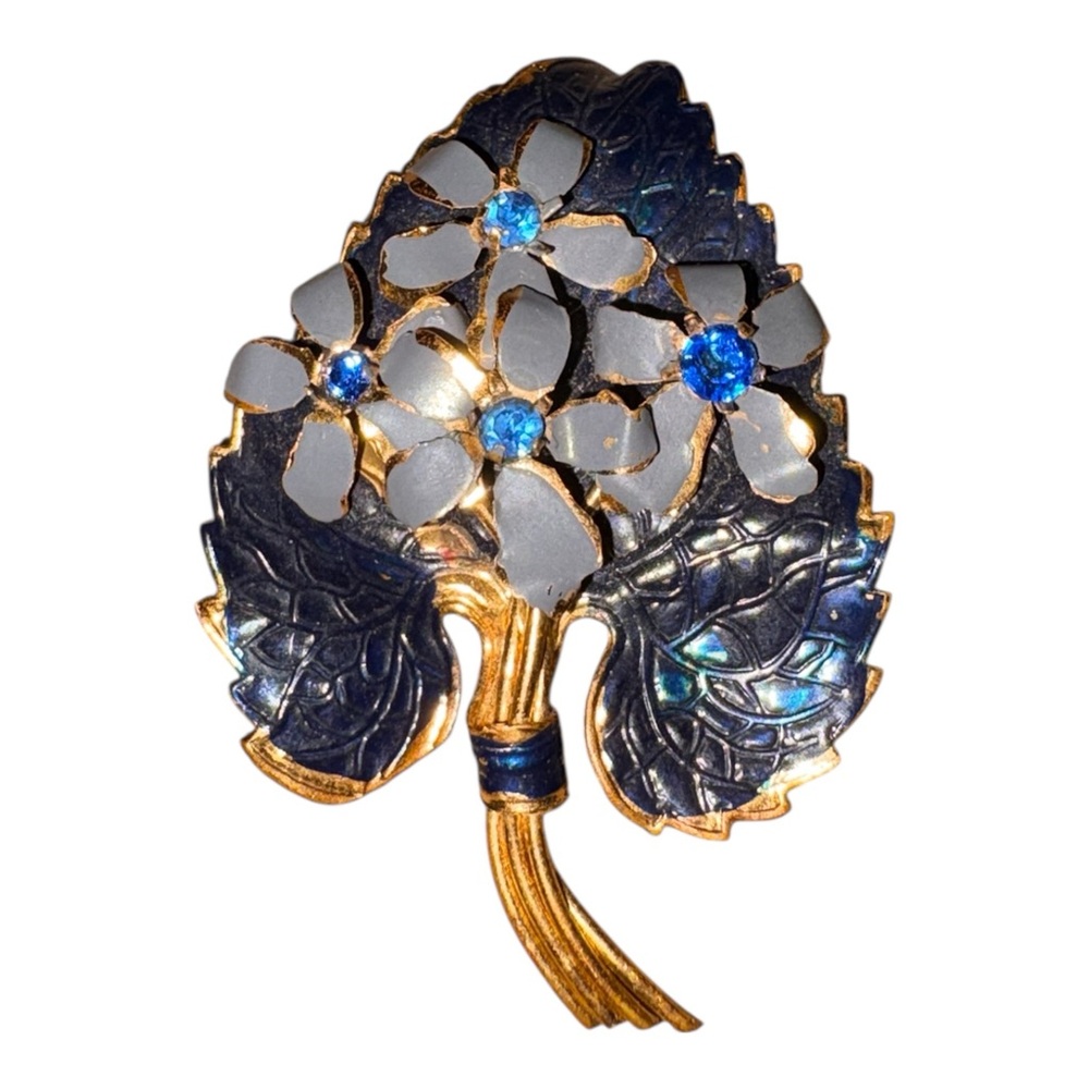 Vintage Austria Gold Tone Enamel Floral Leaf Brooch Blue Rhinestones J27 - Picture 2 of 6